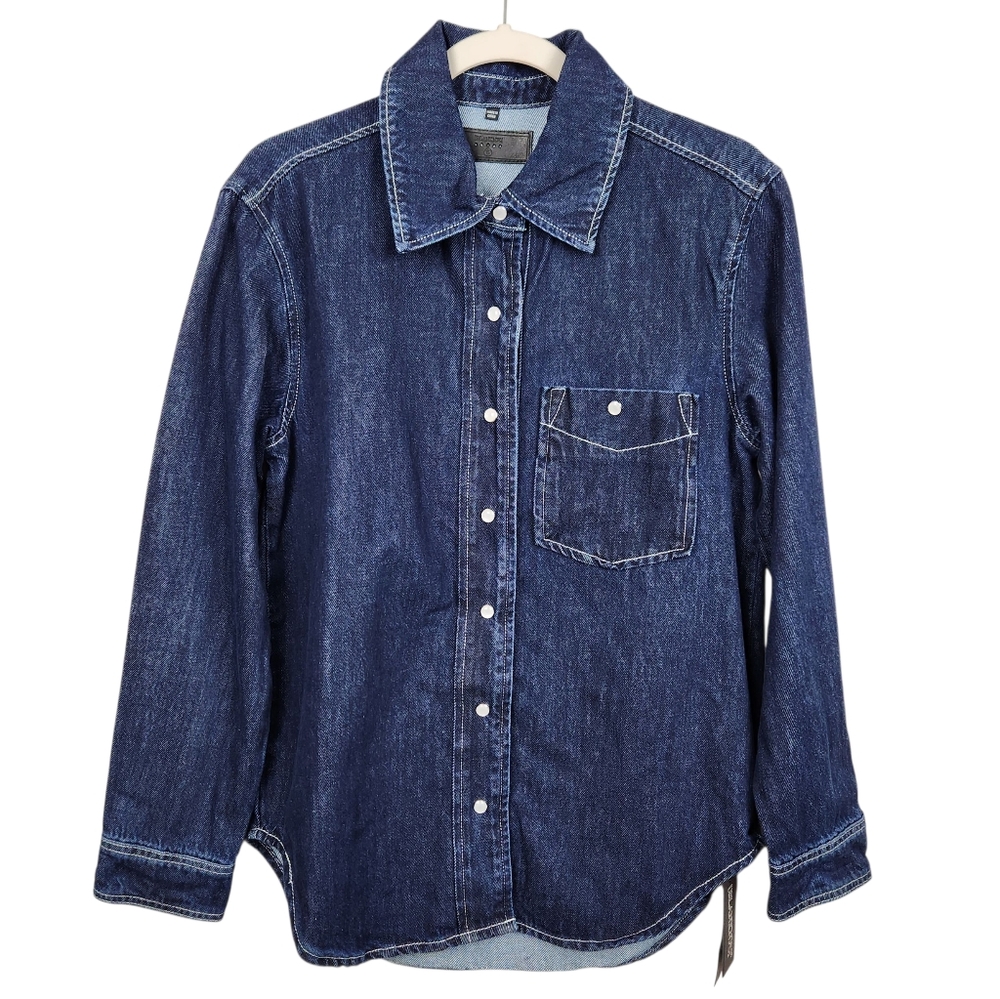 Blank NYC Shot Caller NWT Pearl Snap Dark Wash LS Denim Shirt Womens Size S - Picture 2 of 15